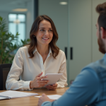 Femme confiante en réunion de bureau moderne