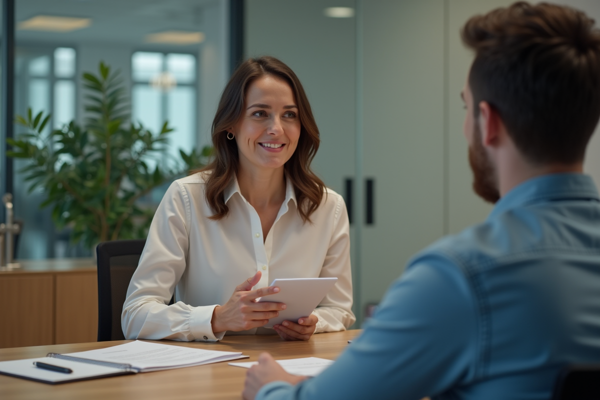 Femme confiante en réunion de bureau moderne