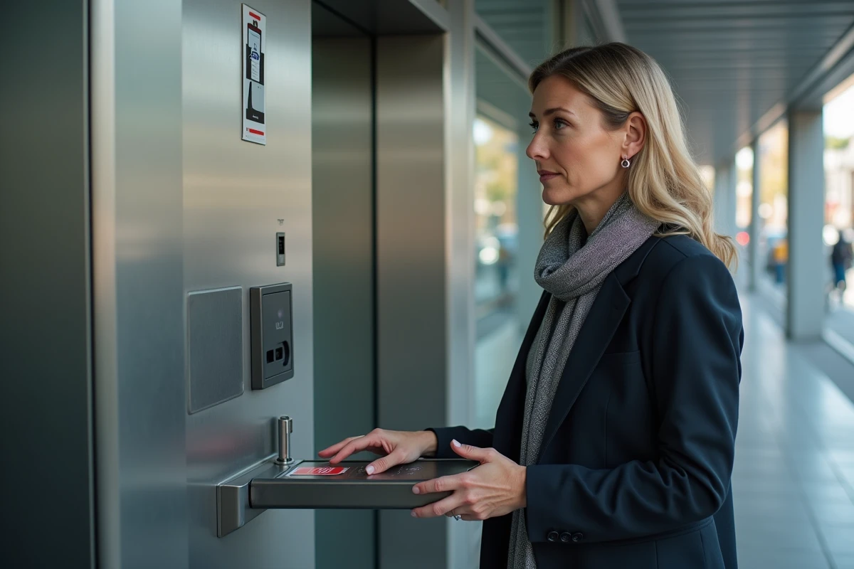 Femme d affaires scannant un badge d accès à Grenoble