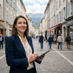 Femme souriante en ville de Gap avec architecture française
