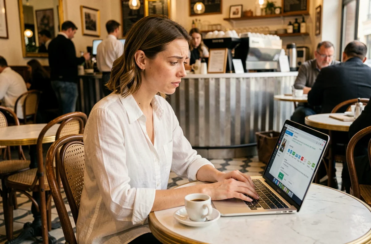 Femme passant un test de conjugaison en ligne sur ordinateur portable dans un café parisien avec un espresso