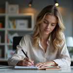 Jeune femme concentrée prenant des notes au bureau