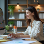Jeune femme analysant des données sur un ordinateur au bureau