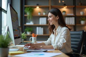 Jeune femme analysant des données sur un ordinateur au bureau