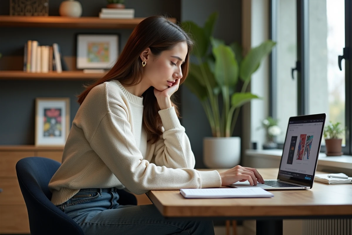 Femme concentrée travaillant sur un ordinateur dans un bureau moderne