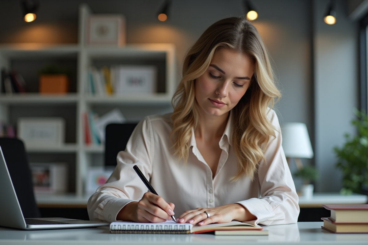 Jeune femme concentrée prenant des notes au bureau