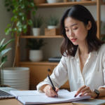 Femme en télétravail dans un salon lumineux et cosy