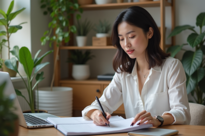 Femme en télétravail dans un salon lumineux et cosy