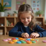 Jeune fille arrangeant des tuiles Montessori en motifs numériques
