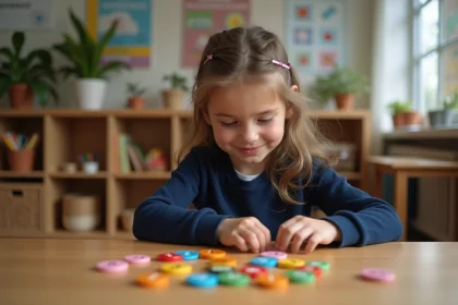 Jeune fille arrangeant des tuiles Montessori en motifs numériques