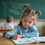 Fillette en CE2 qui remplit une fiche de lecture dans un cahier ligné à côté d'un album jeunesse ouvert, en classe