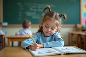 Fillette en CE2 qui remplit une fiche de lecture dans un cahier ligné à côté d'un album jeunesse ouvert, en classe