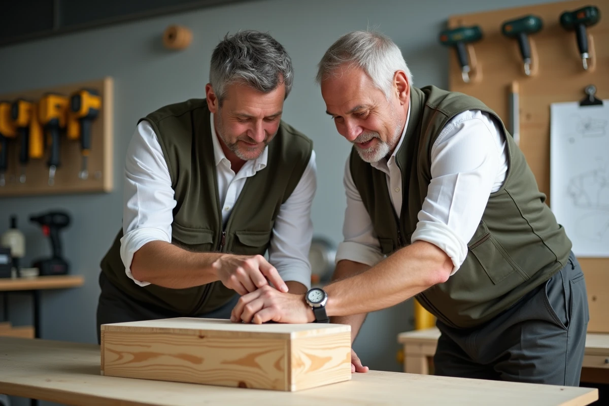 Formateur en bricolage encadrant un participant lors d'un suivi personnalisé dans un atelier Bricoludik, moment de transmission de savoir-faire