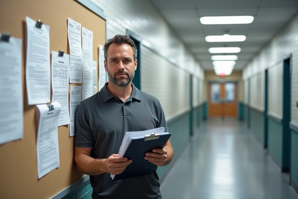 Formateur d'un CFA devant un panneau d'affichage administratif présentant les codes d'identification d'établissement de formation