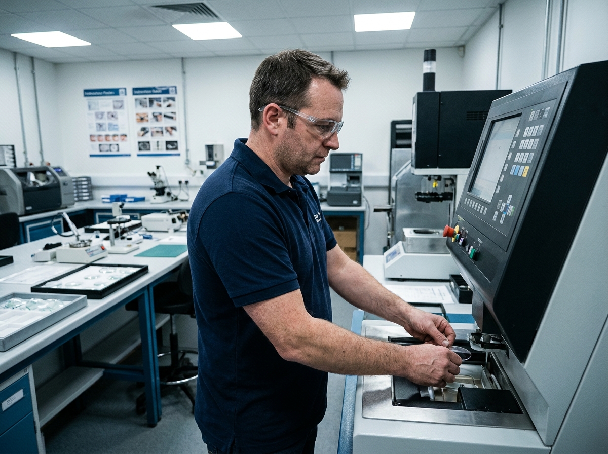 Homme en reconversion professionnelle utilisant une machine de découpe de verres dans un atelier d'optique lors d'une formation en Savoie