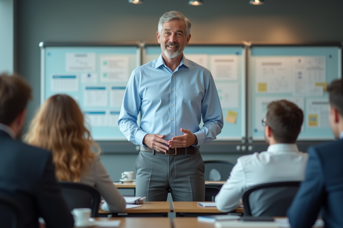 Homme en formation animant un atelier devant un groupe
