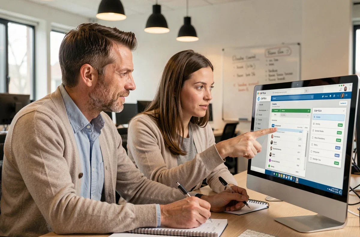 Deux collègues en session de formation sur le logiciel CAP RLA devant un écran d'interface dans un open space