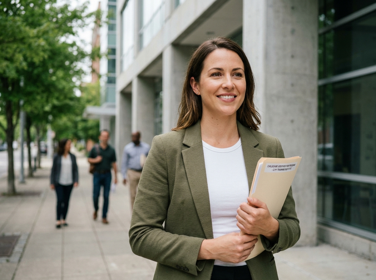 Femme d'une trentaine d'années tenant un dossier de formation devant un centre de formation professionnelle, illustrant une reconversion vers la petite enfance