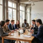 Groupe d'étudiants en alternance collaborant dans un espace de formation moderne à Paris