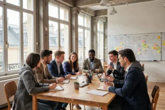 Groupe d'étudiants en alternance collaborant dans un espace de formation moderne à Paris