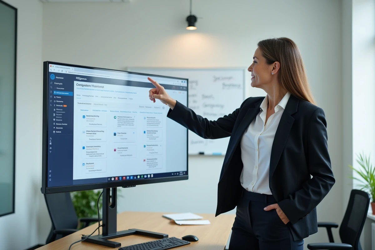 Formatrice présentant l'interface Moodle sur un grand écran dans une salle de formation professionnelle