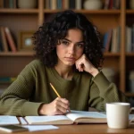 Jeune femme francophone concentrée sur l'apprentissage de l'imparfait espagnol dans ses livres de grammaire