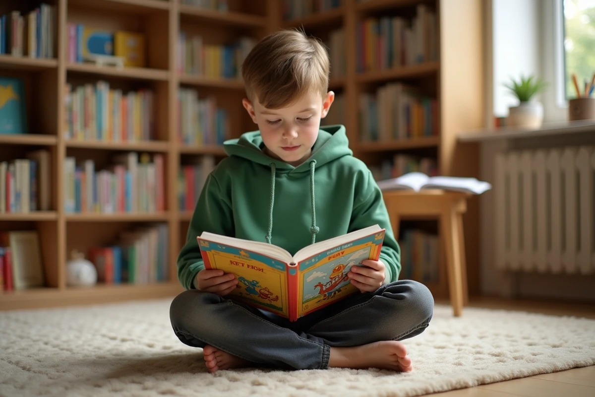 Garçon de CE2 lisant un album jeunesse assis par terre dans une bibliothèque à la maison, préparant une fiche de lecture