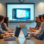 Groupe divers d'adultes suivant un cours en ligne dans un espace lumineux