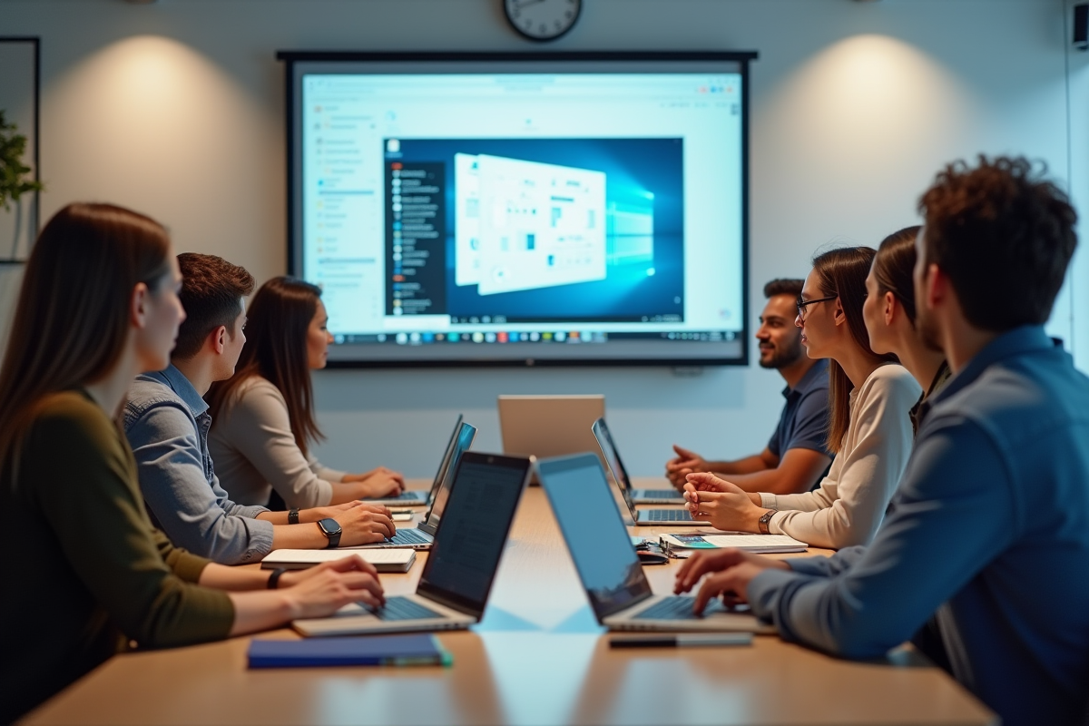 Groupe divers d'adultes suivant un cours en ligne dans un espace lumineux