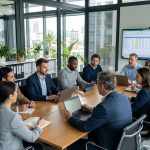 Groupe divers d'employes au bureau moderne en réunion