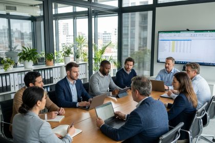 Groupe divers d'employes au bureau moderne en réunion