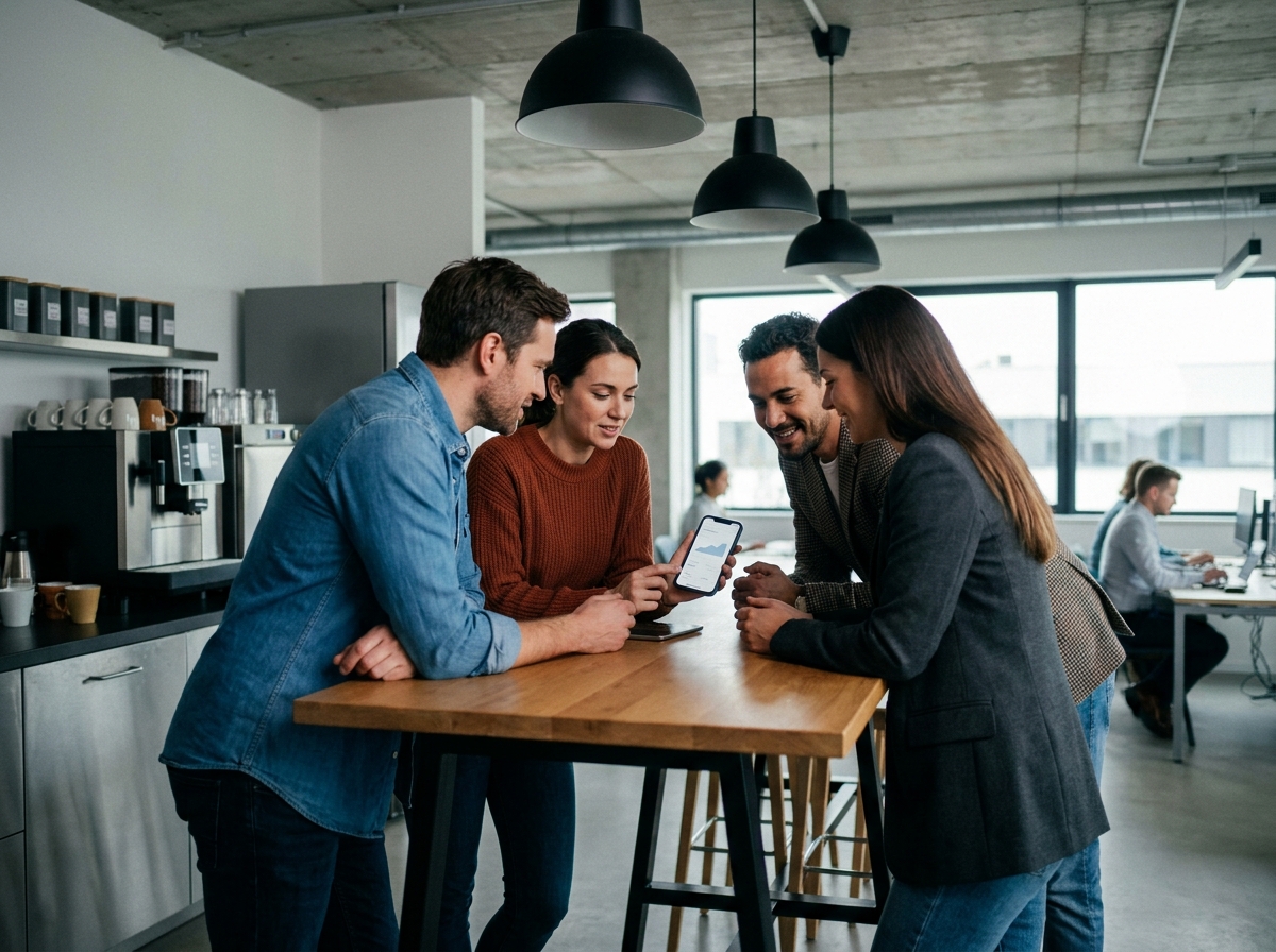 Groupe de collègues discutant d'une opportunité de cooptation autour d'une table dans une salle de pause d'entreprise