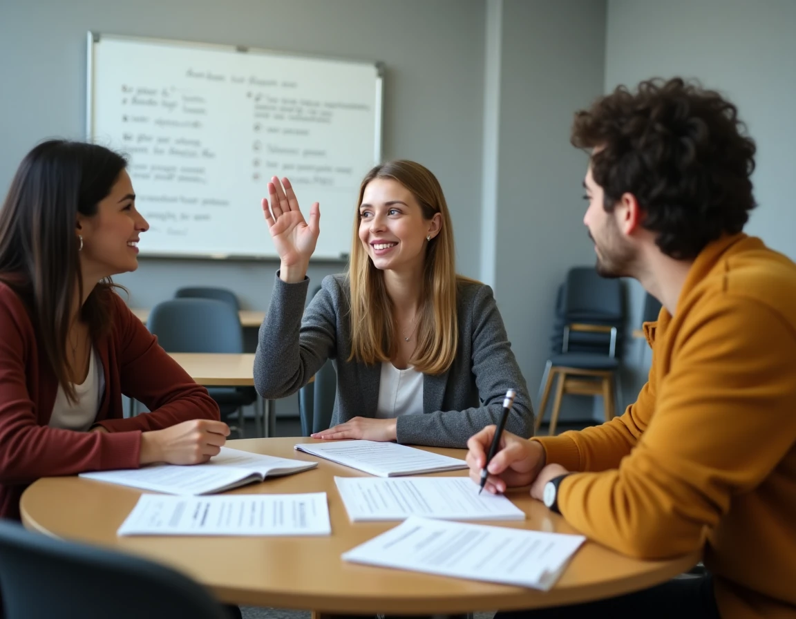 Groupe d'adultes en cours de compréhension orale anglais autour d'une table avec des fiches d'exercices dans une salle de classe