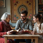 Trois personnes de différents âges discutent autour d'une table