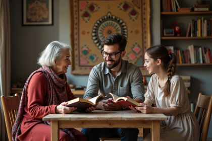 Trois personnes de différents âges discutent autour d'une table