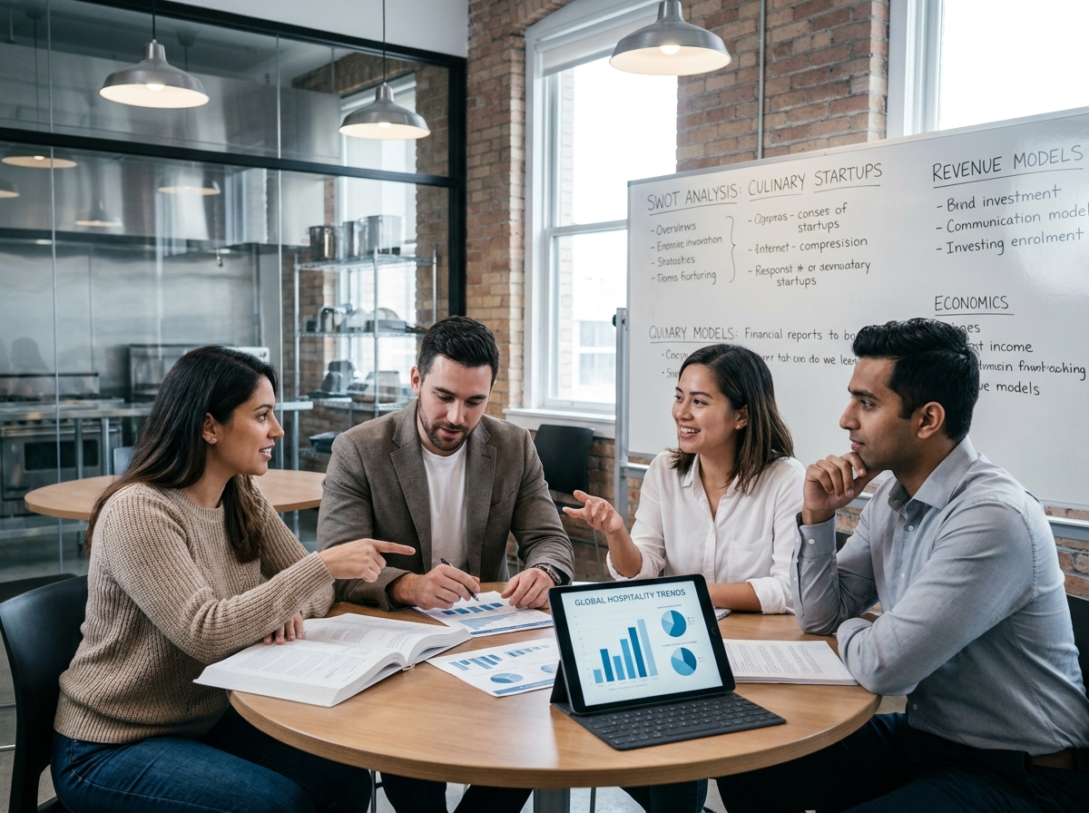 Groupe d'étudiants en MBA hôtellerie-restauration discutant de stratégie de gestion autour d'une table en salle de cours