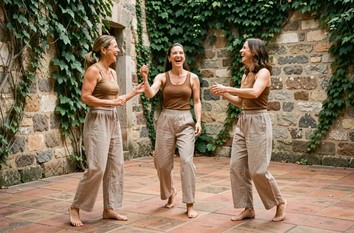 Groupe de femmes partageant un moment joyeux lors d'un cours de danse Zouk en extérieur