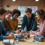 Groupe de lycéens en robotique dans une salle moderne