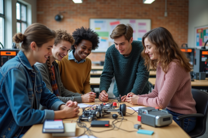 Groupe de lycéens en robotique dans une salle moderne