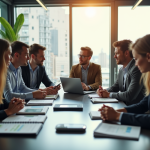 Groupe de professionnels en réunion de travail dynamique
