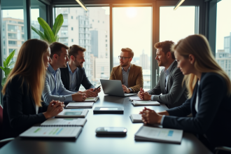 Groupe de professionnels en réunion de travail dynamique