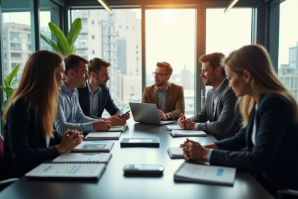 Groupe de professionnels en réunion de travail dynamique