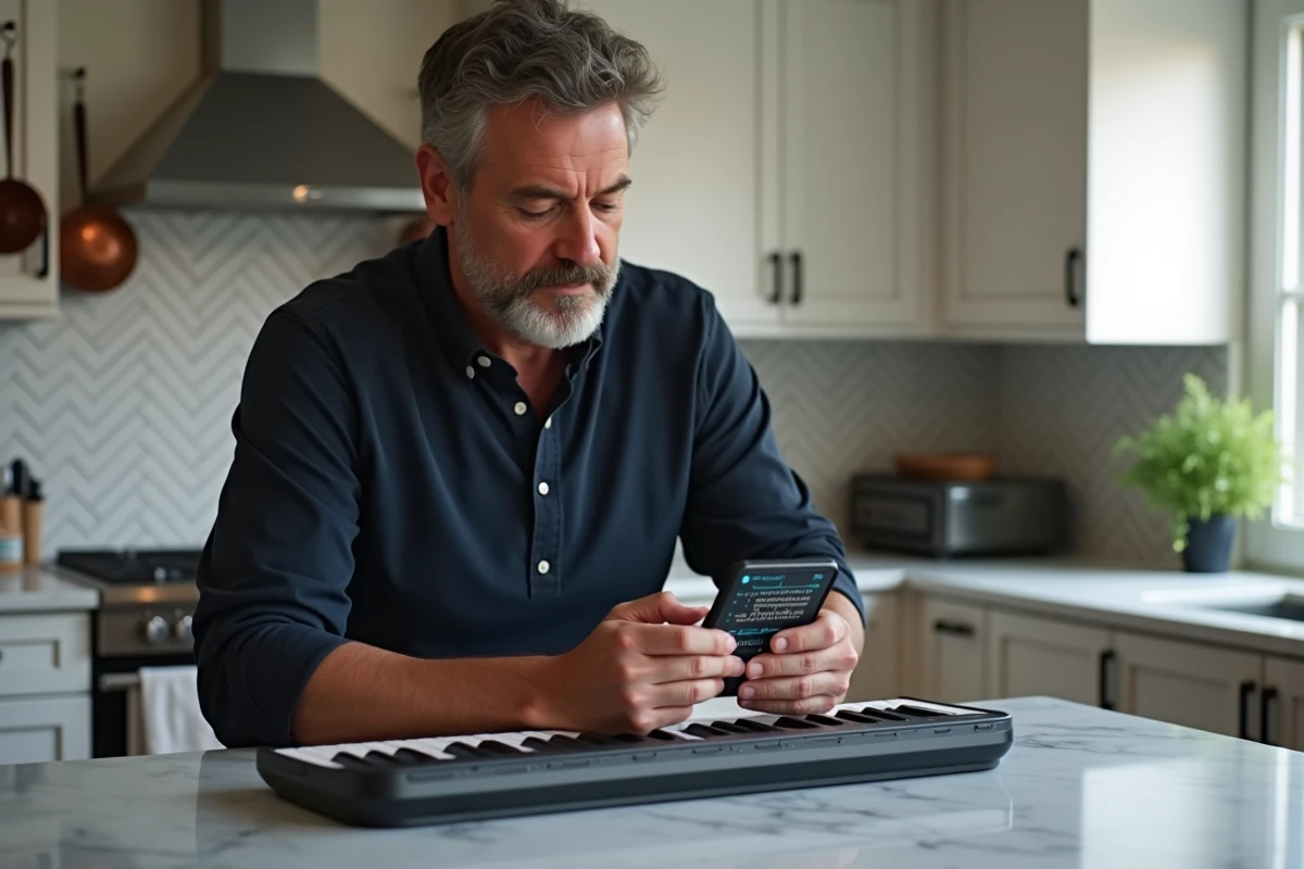 Homme adulte apprenant le piano sur smartphone avec un clavier portable posé sur le plan de travail de sa cuisine moderne