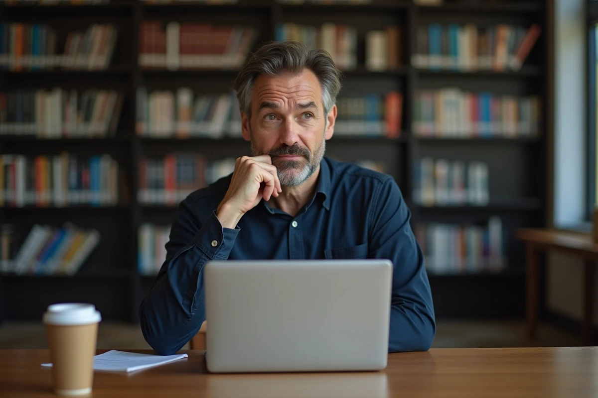 Homme adulte réfléchissant devant un test de QI en ligne dans une bibliothèque