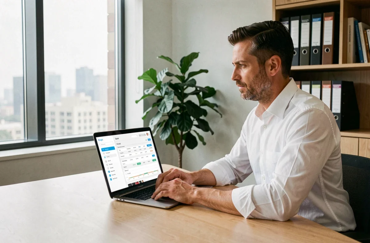 Homme d'affaires analysant un tableau de bord bancaire UBS ENT sur laptop dans un bureau privé avec vue urbaine