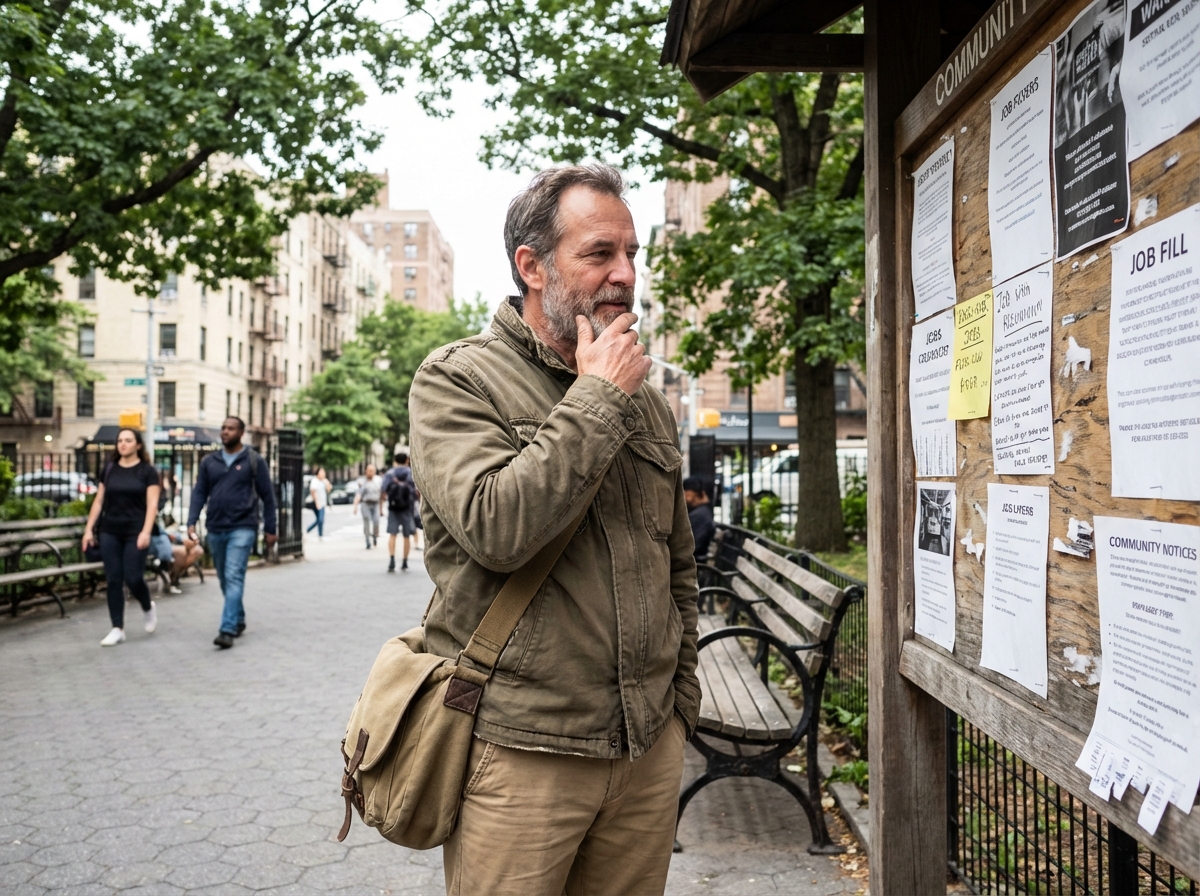 Homme regarde annonces d emploi dans un parc