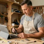 Un homme adulte apprend le bricolage en suivant un tutoriel sur tablette dans un atelier de maison bien équipé