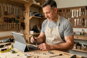 Un homme adulte apprend le bricolage en suivant un tutoriel sur tablette dans un atelier de maison bien équipé
