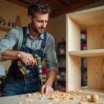 Homme en jeans assemble une étagère en bois dans un atelier