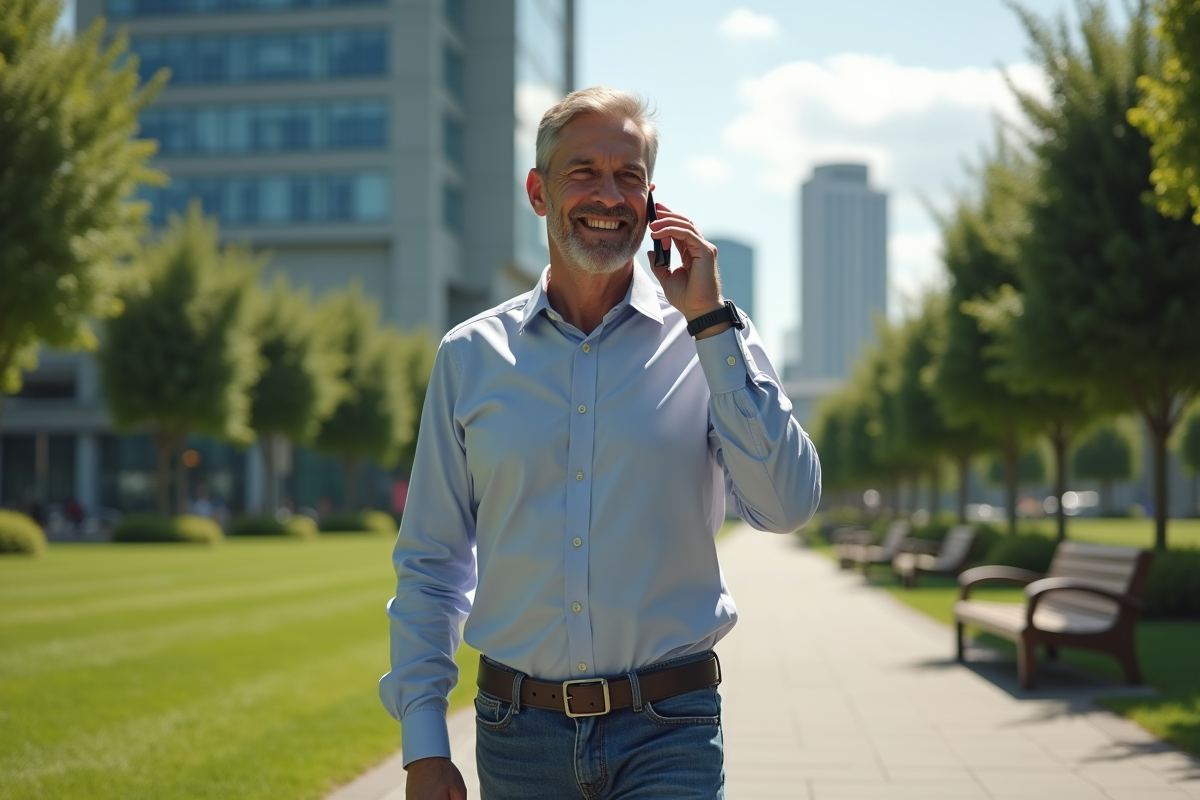 Homme marche dans un parc urbain en discutant au téléphone